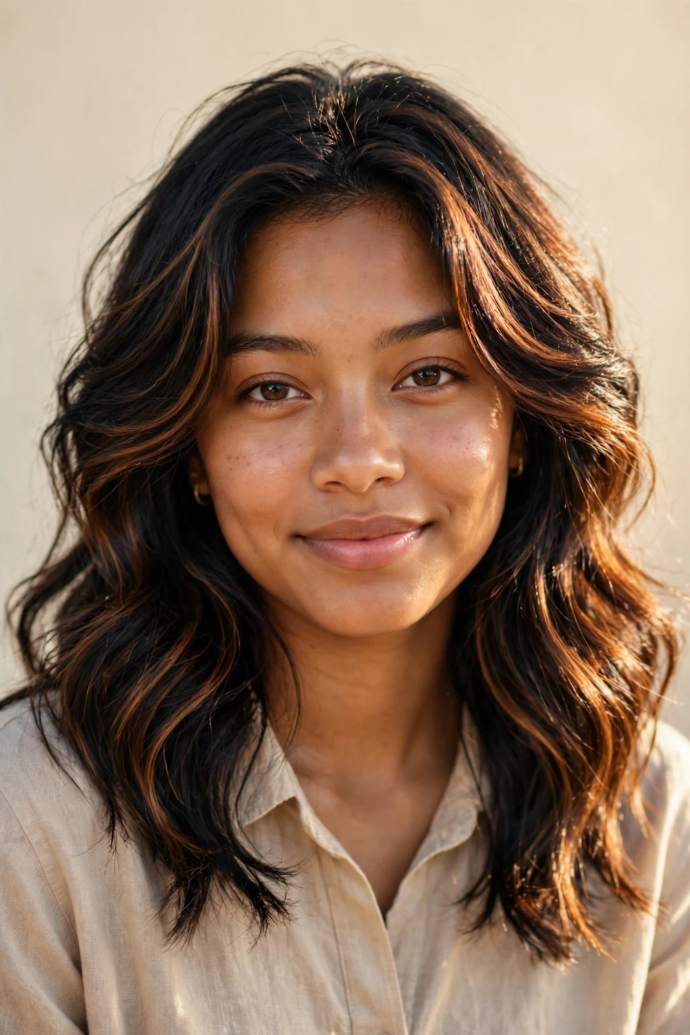 Woman with layered black hair and warm cinnamon-brown highlights catching the light