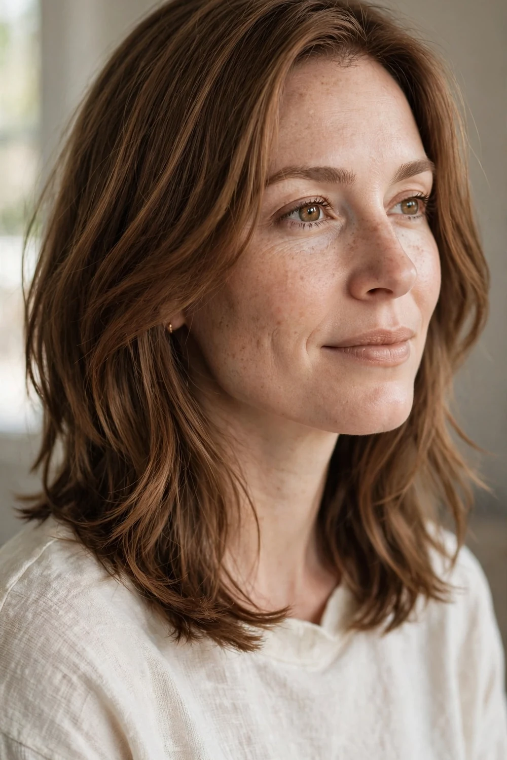 Collarbone-length cinnamon brown lob haircut with soft layers