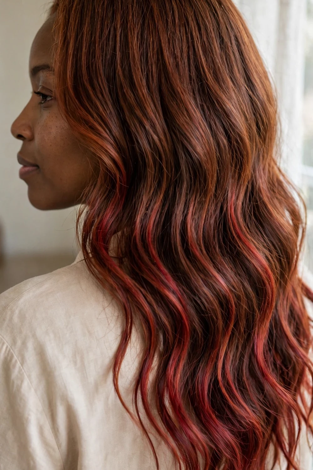 Cinnamon brown hair with red balayage melting through wavy lengths