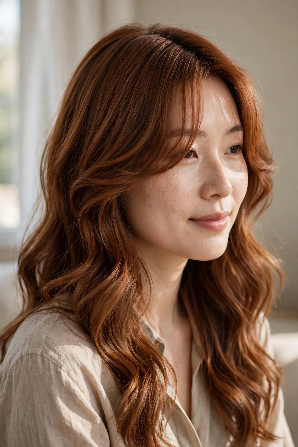 Cinnamon brown loose waves with sweeping side bangs