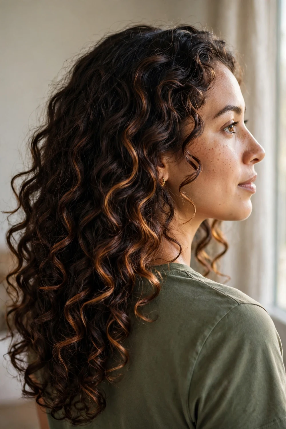 Long dark brown curls with cinnamon highlight ribbons