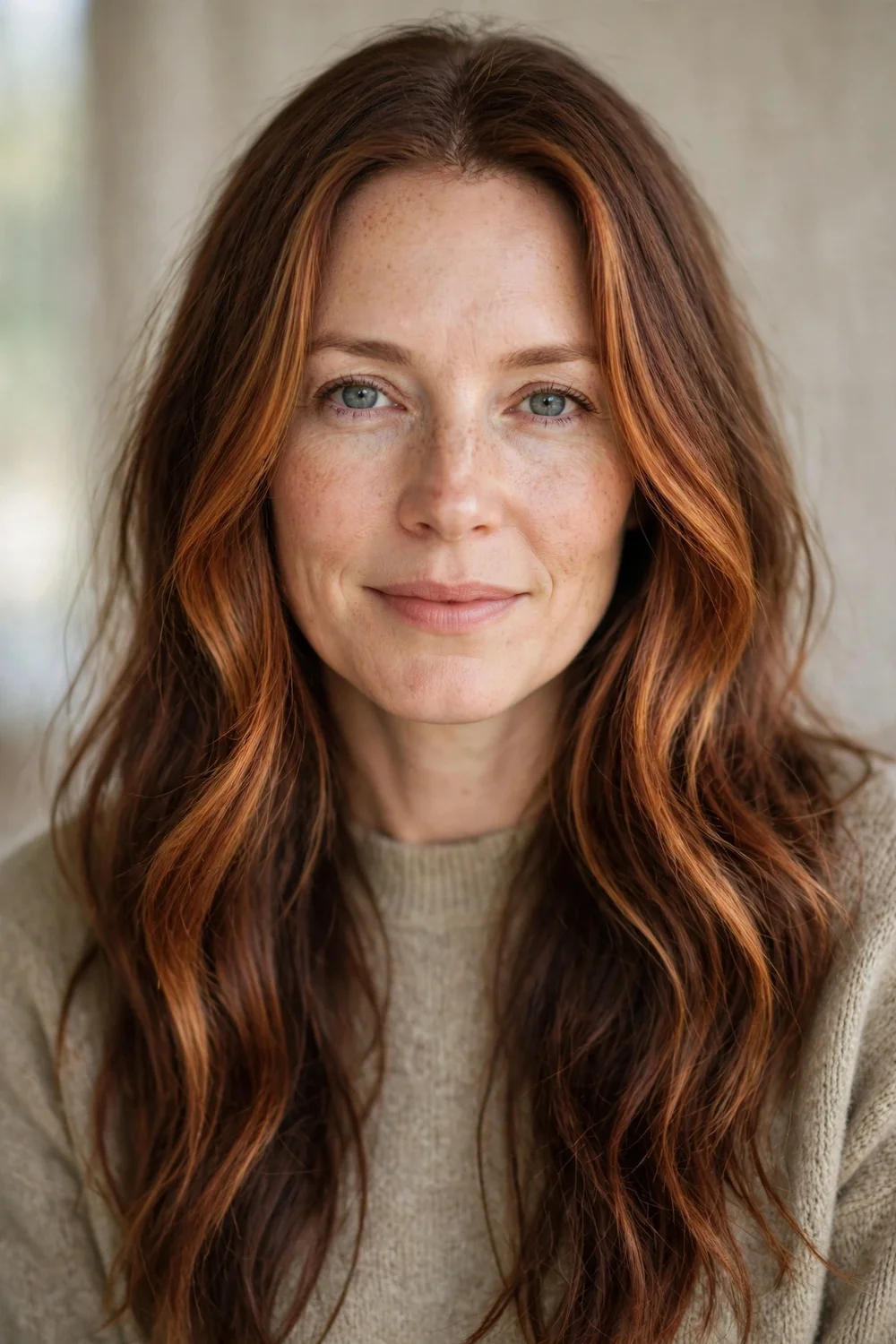 Woman with chestnut brown hair and a cinnamon-spice money piece framing her face, natural daylight