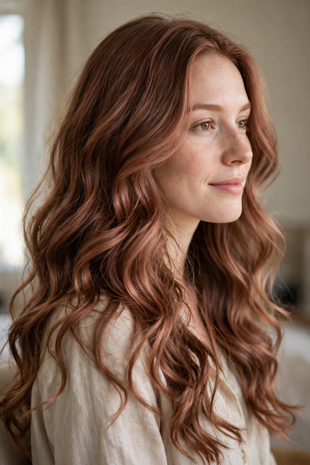 Long waves in cinnamon brown with subtle rosy undertones