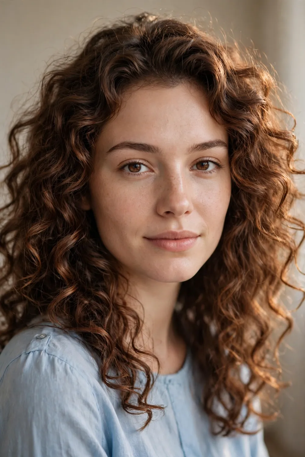 Chestnut brown spiked with cooler cinnamon tones on curly hair