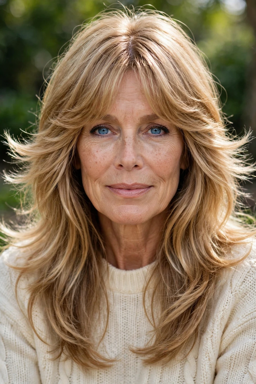 Woman with a classic 70s feathered long shag haircut, feathered ends from the cheekbones and middle-parted curtain bangs