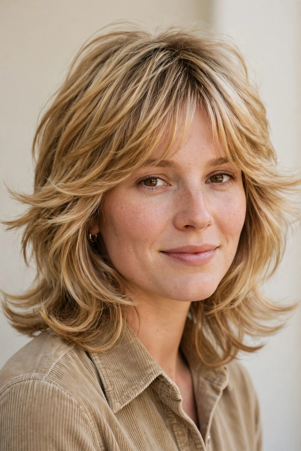 Woman with a classic 70s shag, feathered layers and wispy fringe