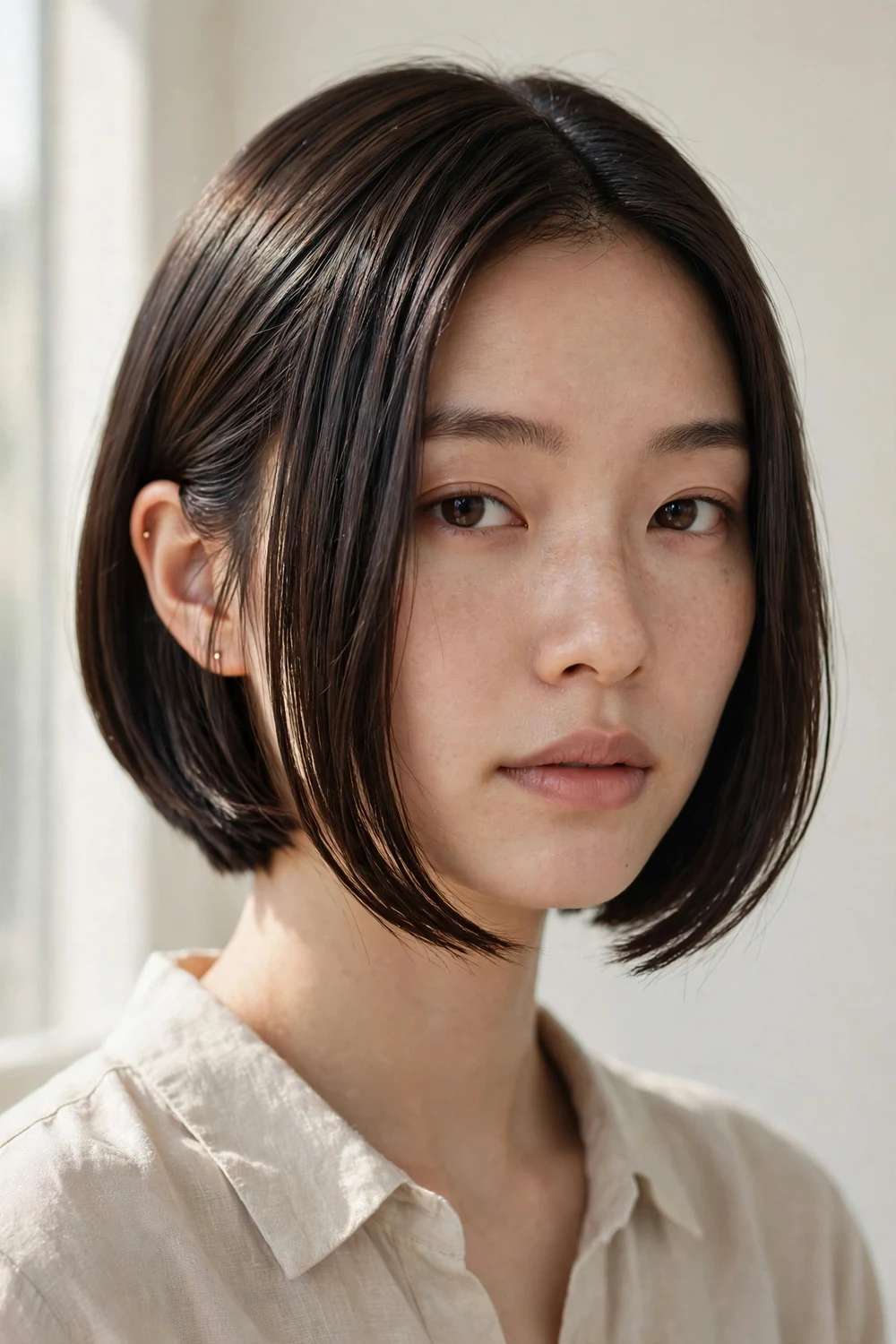 Classic A-line angled bob with smooth forward slope on a woman with straight dark hair