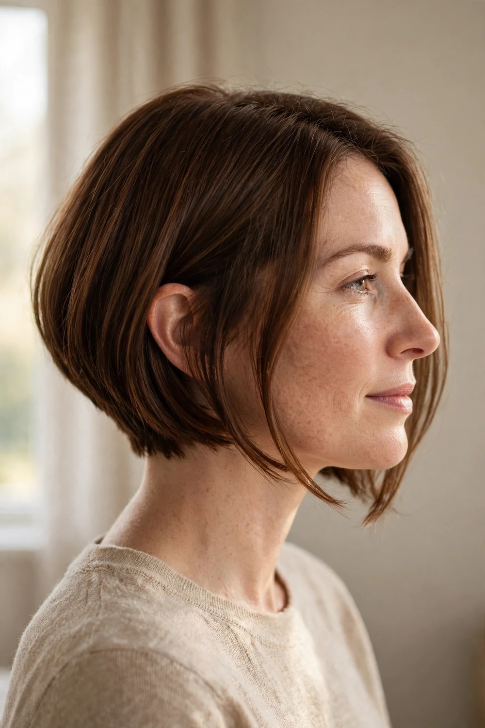 Classic angled bob haircut on a woman with a round face, chestnut brown hair sloping from a short back to chin-length front