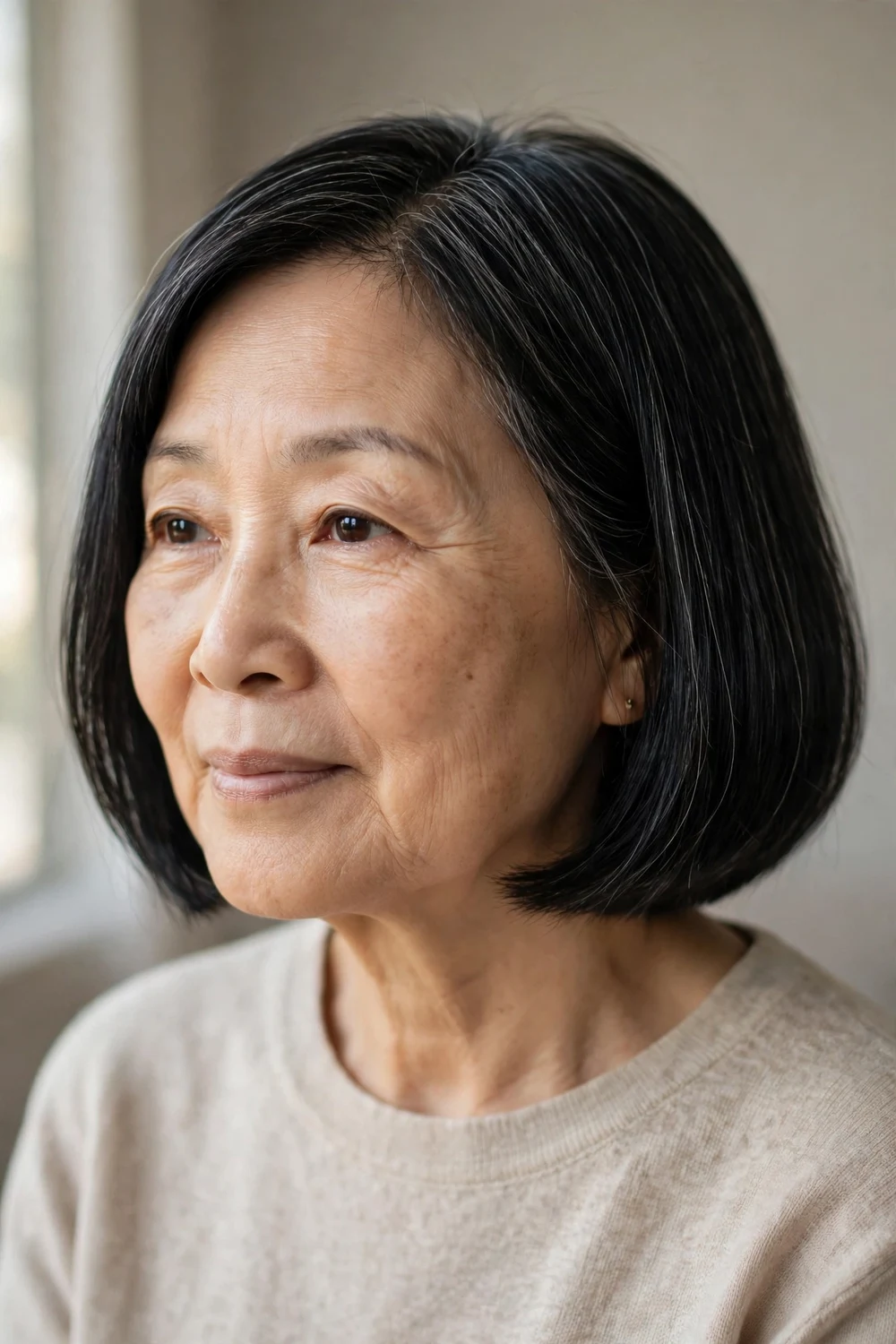 Woman over 60 with classic chin-length blunt bob with sharp even ends