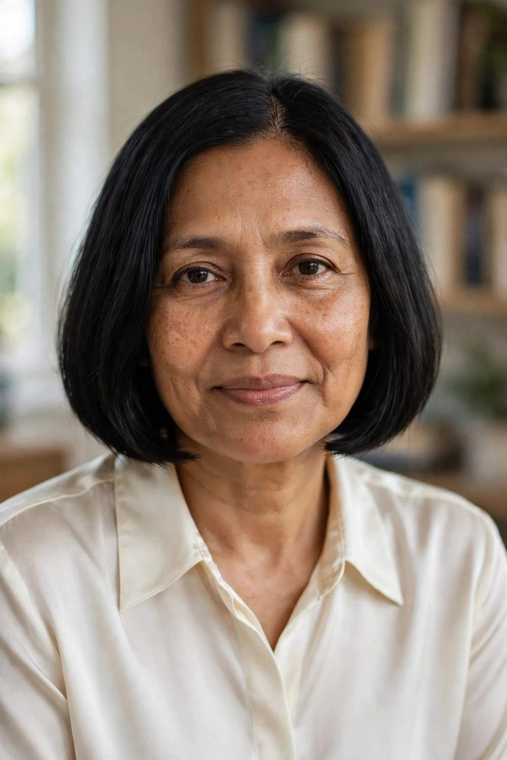 Woman over 50 with a classic blunt bob haircut on thin black hair