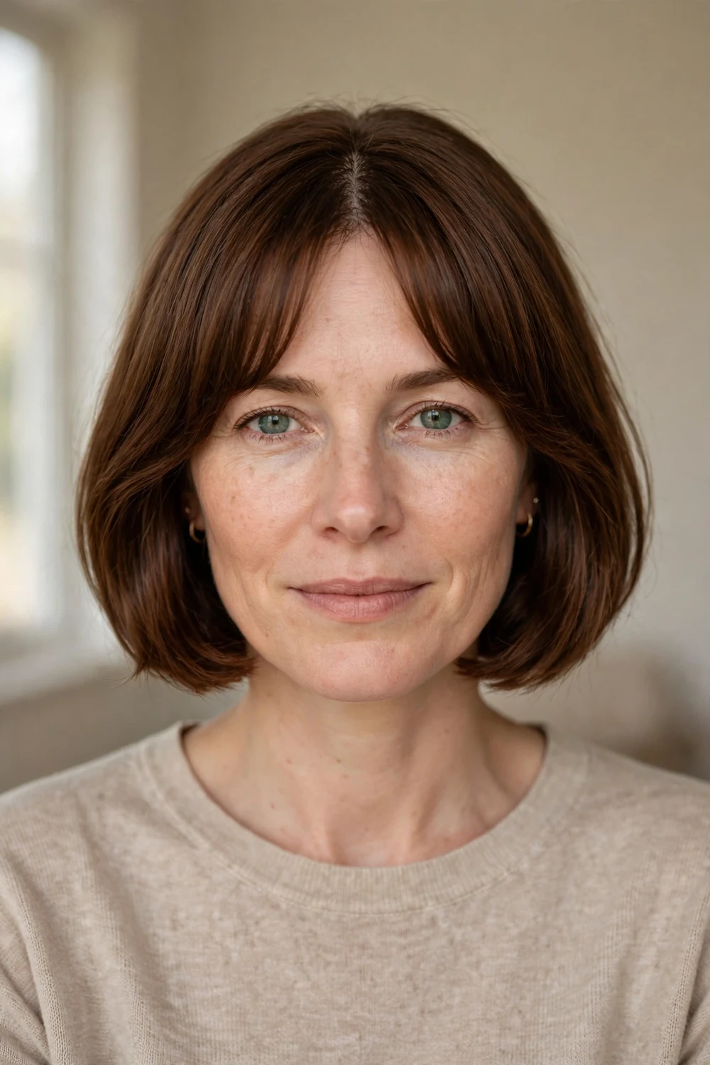 Classic chin-length bob with middle-parted curtain bangs on fine hair