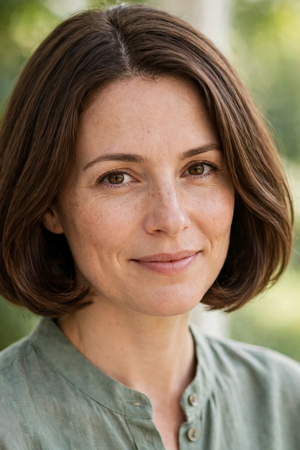 Woman with a classic chin-length bob haircut with tucked ends