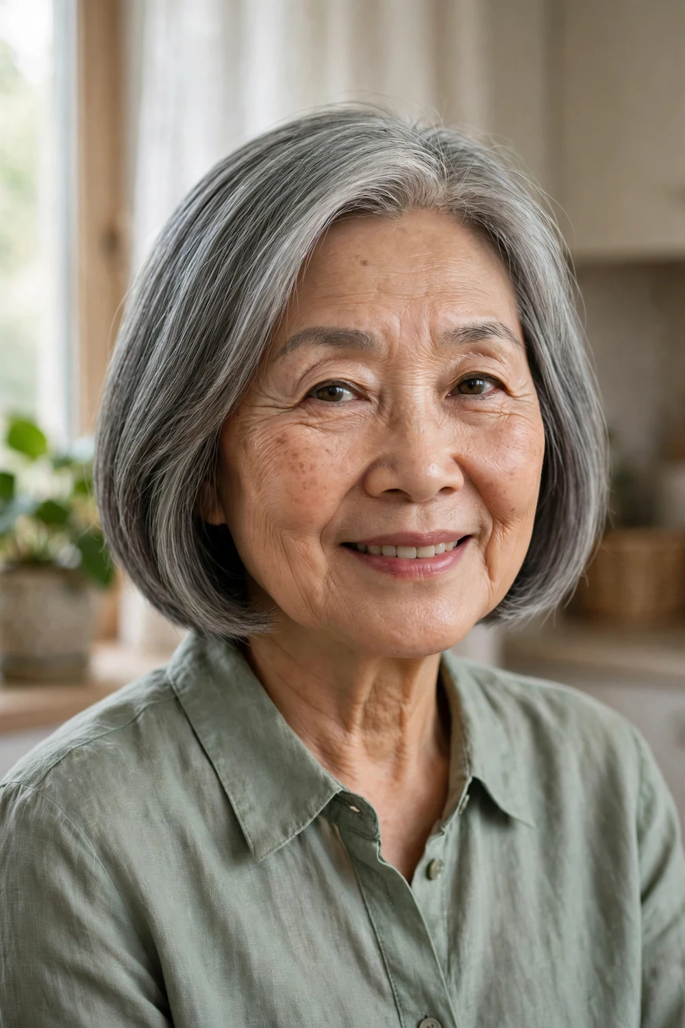 East Asian woman in her mid 60s with a classic gray bob with minimal layers in a home interior