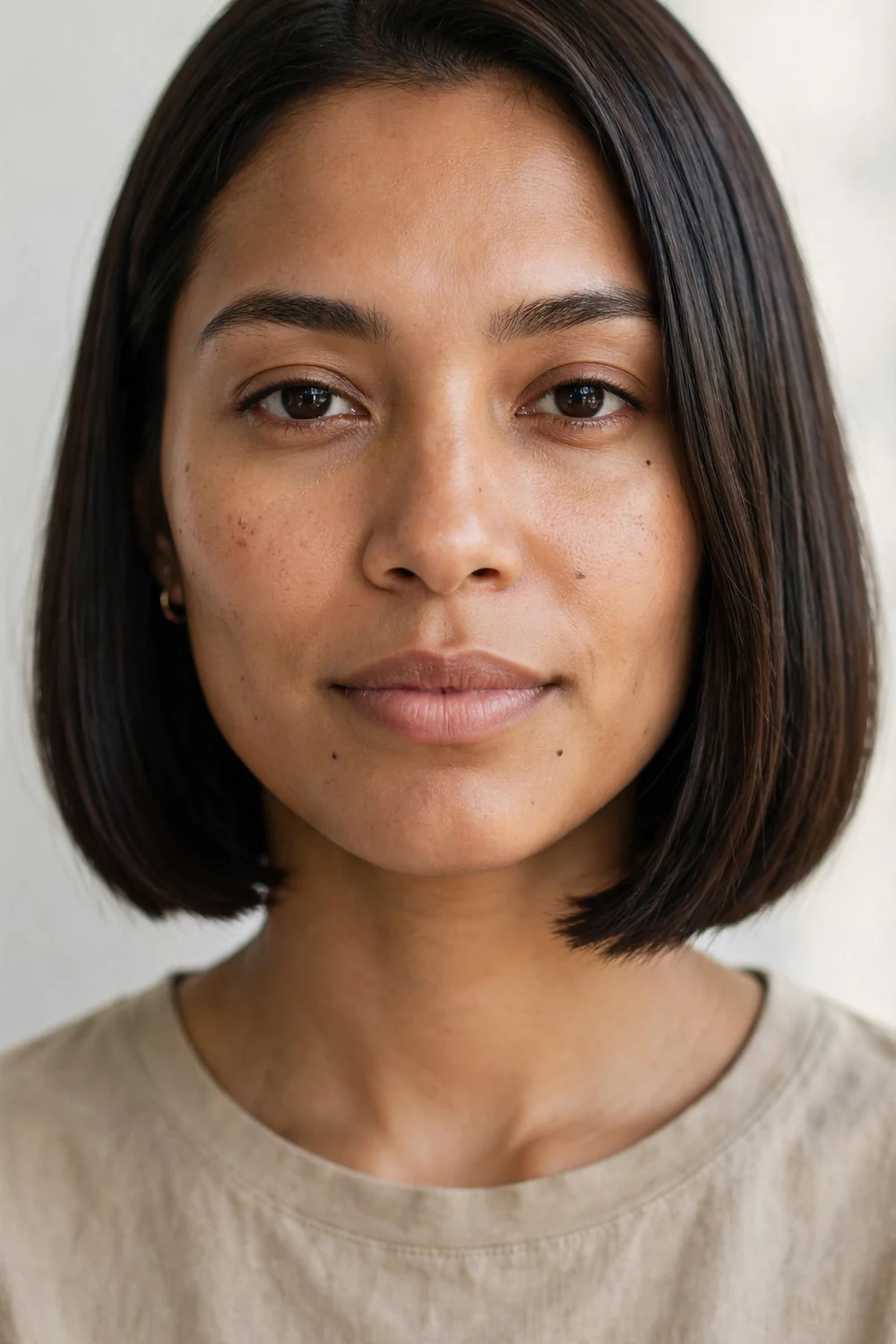 Woman with a classic one-length bob on straight hair, ends cut in a clean line at chin level