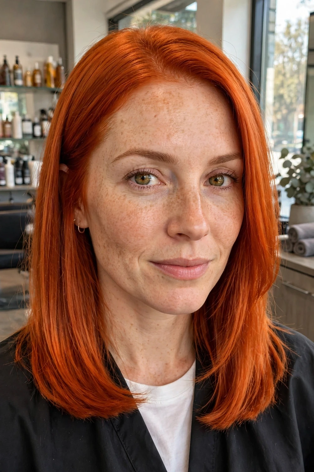 Woman with classic bright copper hair color, vibrant orange-red tones