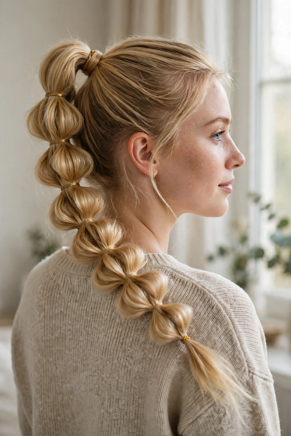 Classic bubble braid from a sleek high ponytail with gold elastics