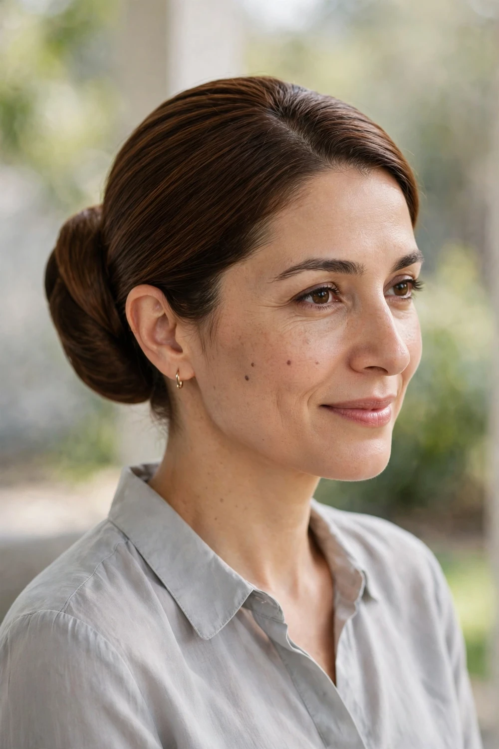 Classic sleek bun updo on smooth medium-length chestnut brown hair