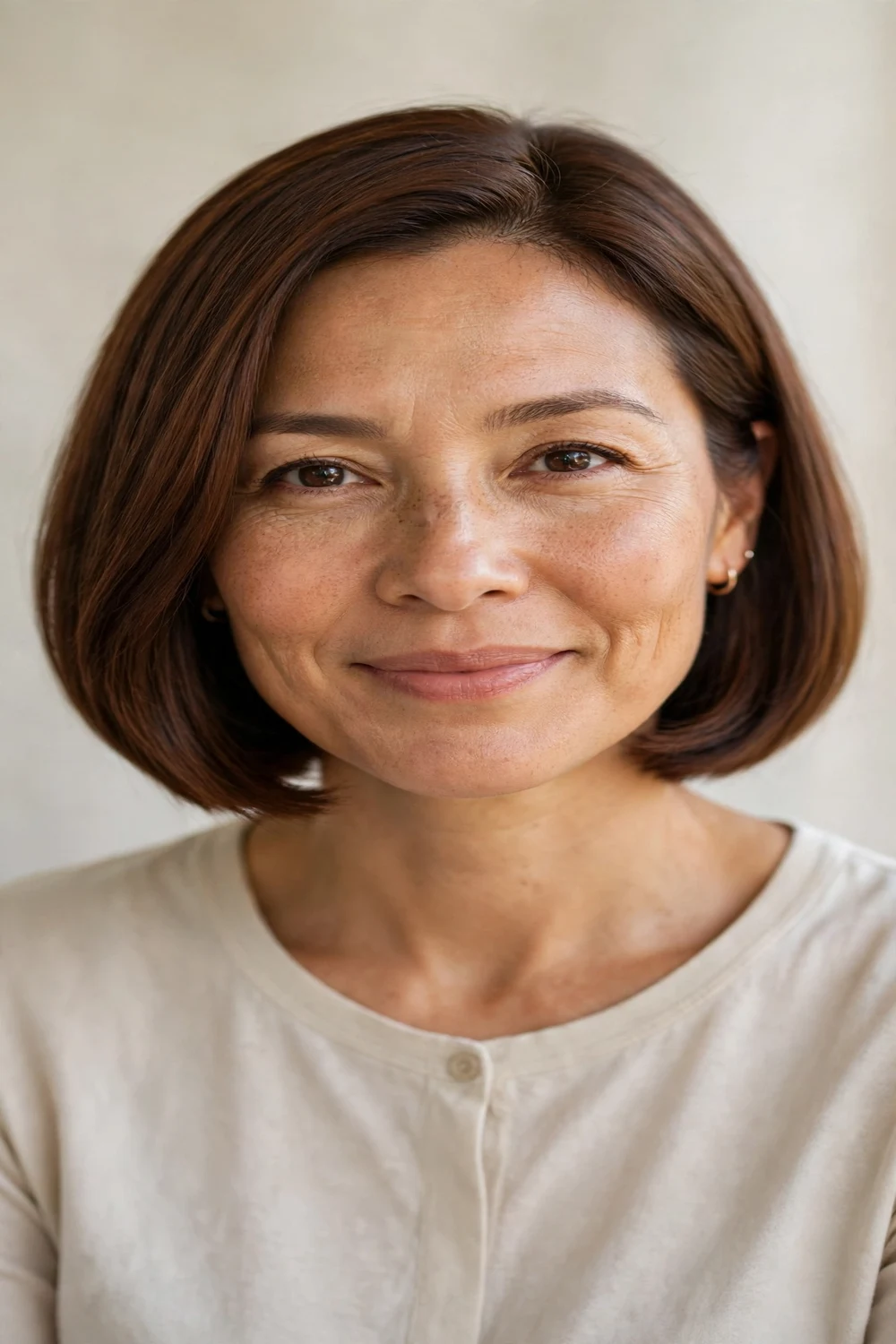 Woman with a classic chin-length bob, clean even shape