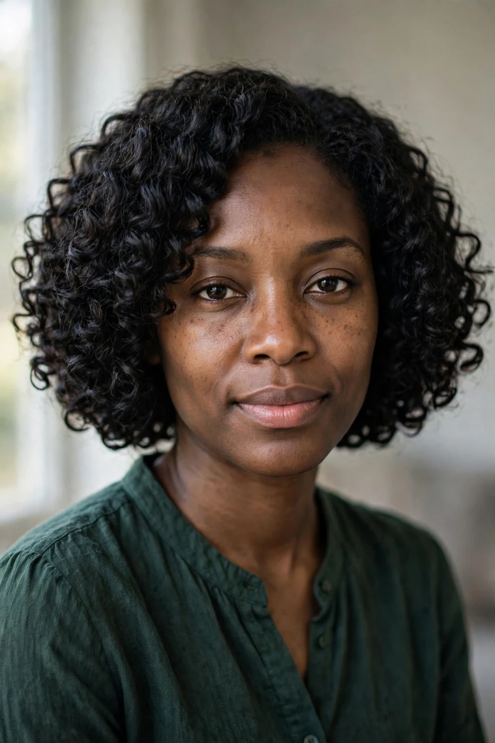 Woman with an oval face wearing a classic chin-length curly bob with even curl volume