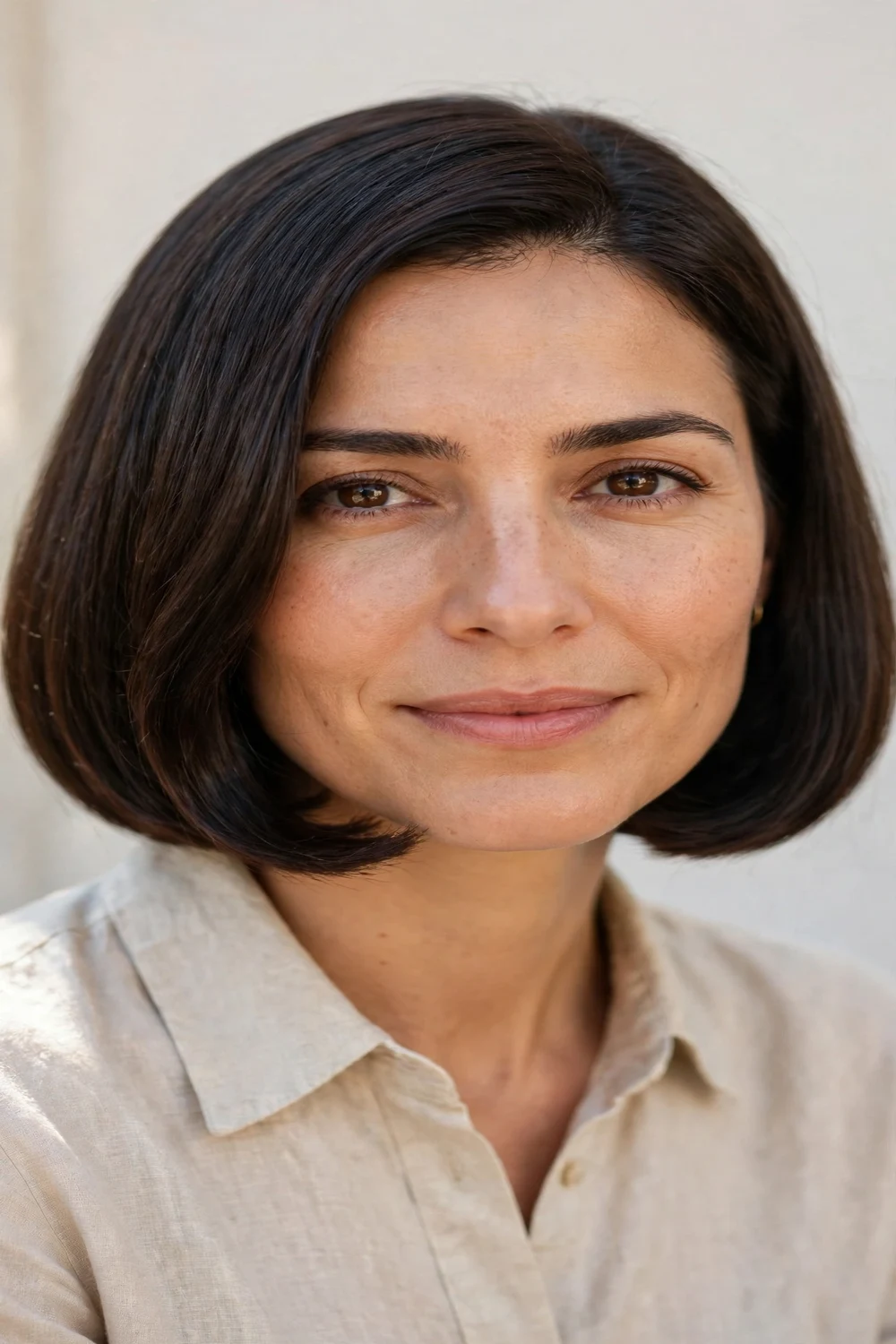 Woman with a classic chin-length italian bob, blunt glossy ends