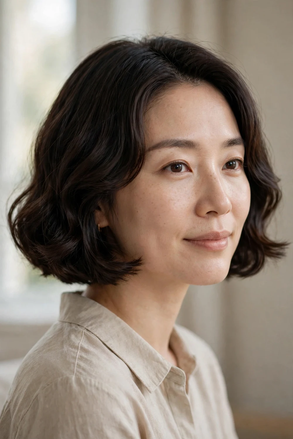 Woman with a classic chin-length wavy bob hairstyle