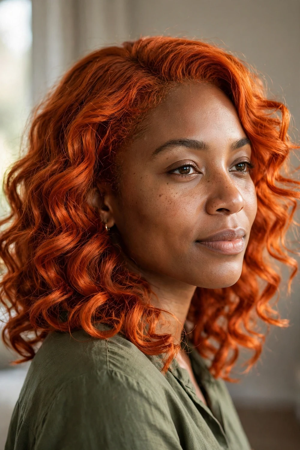 Vivid classic copper hair color on curls