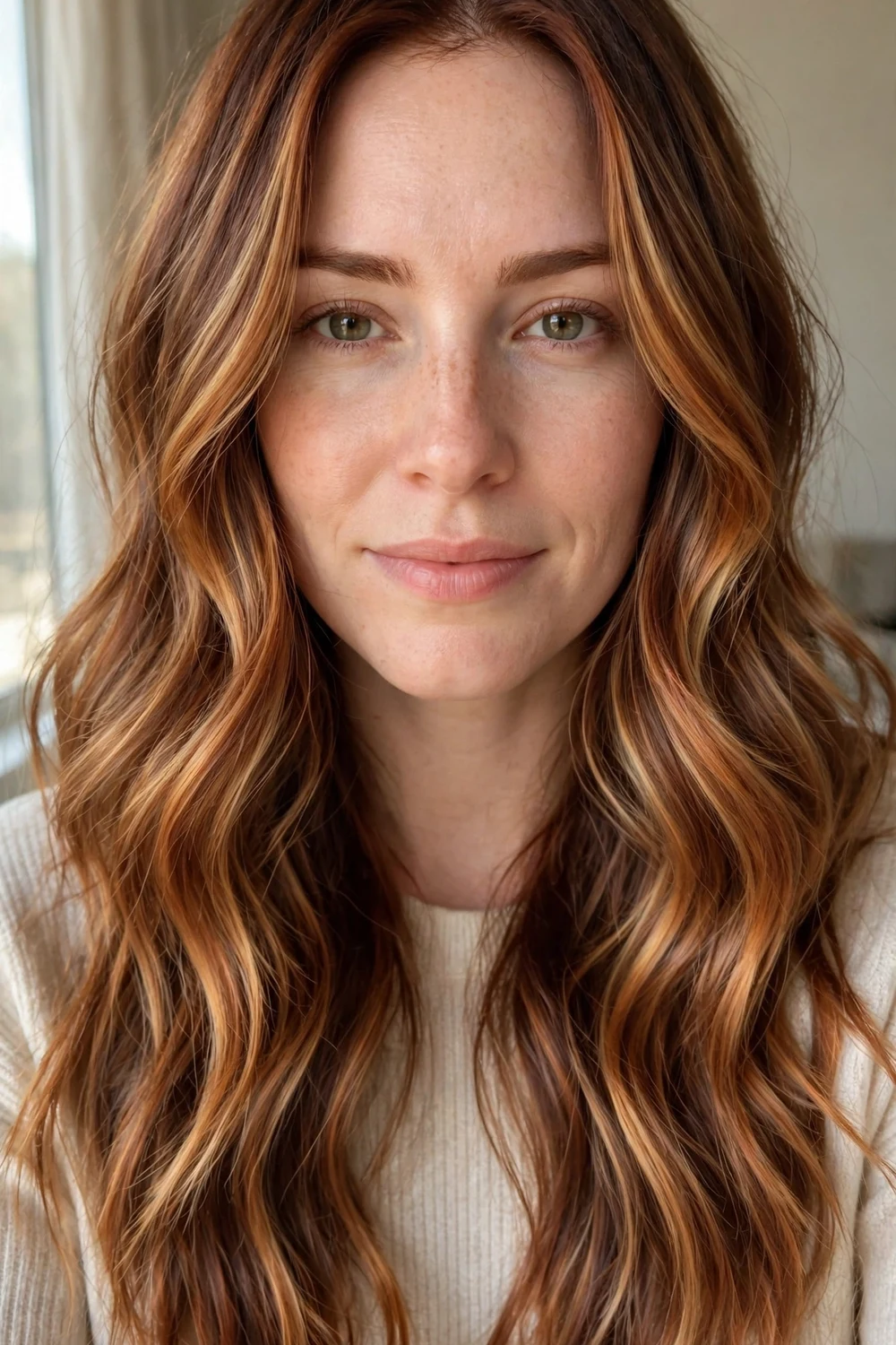 Classic cowboy copper balayage on long wavy hair with warm auburn dimension