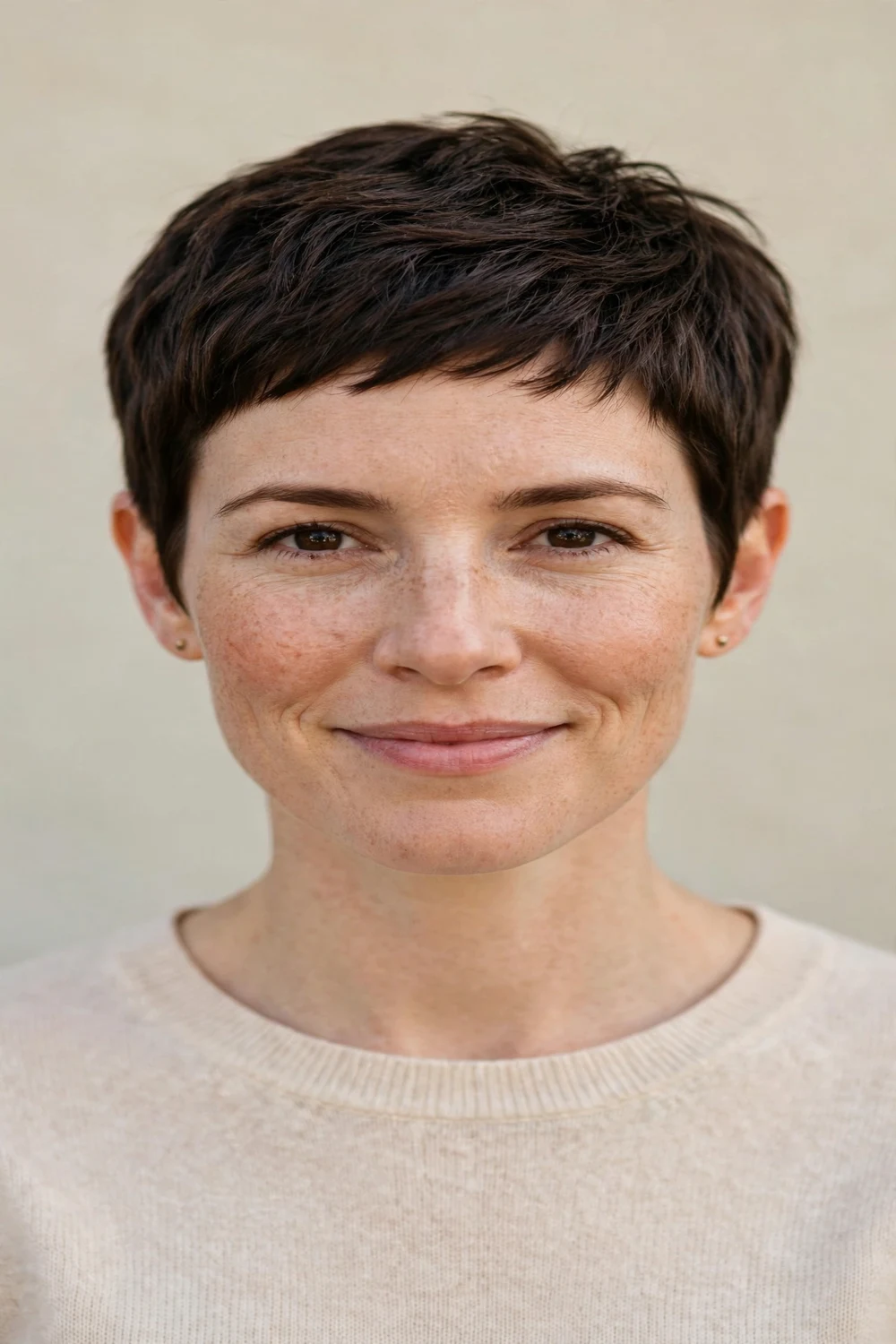 Woman with a classic cropped pixie cut, short textured top