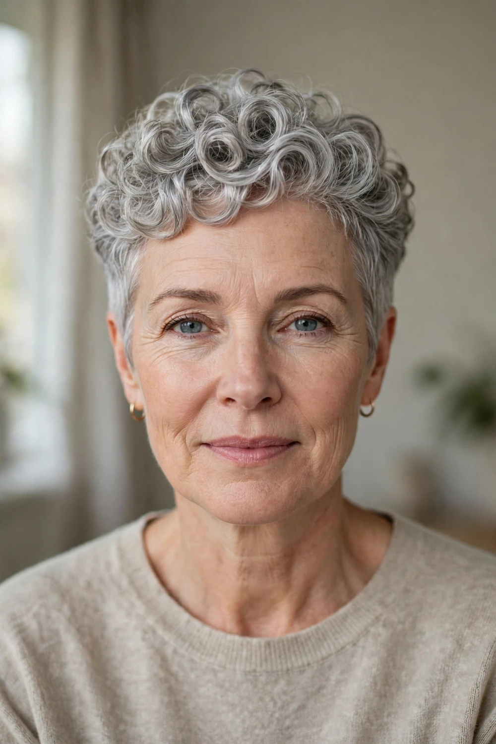 Woman in her 50s with a classic curly pixie haircut, tapered sides and defined curls on top