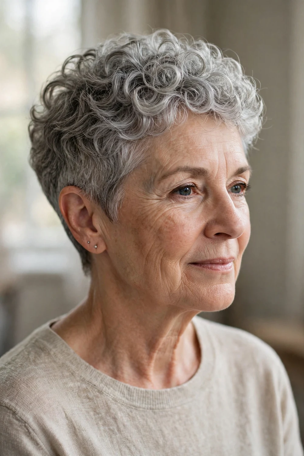Older woman with a classic silver curly pixie haircut, tapered sides and defined curls on top