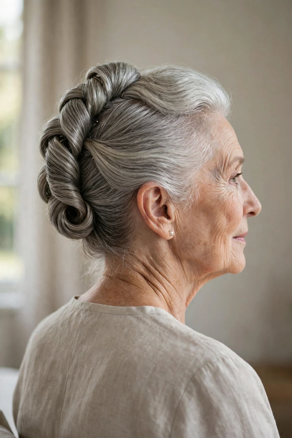 Woman over 60 with classic French twist updo