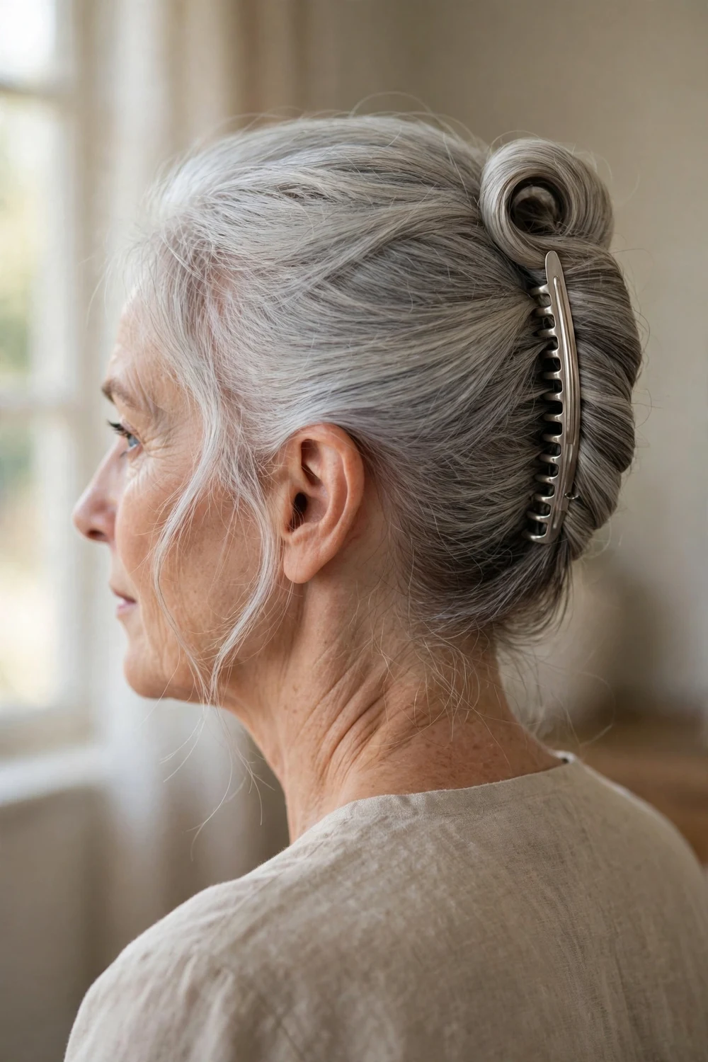 Classic French twist with silver claw clip on thin fine gray hair