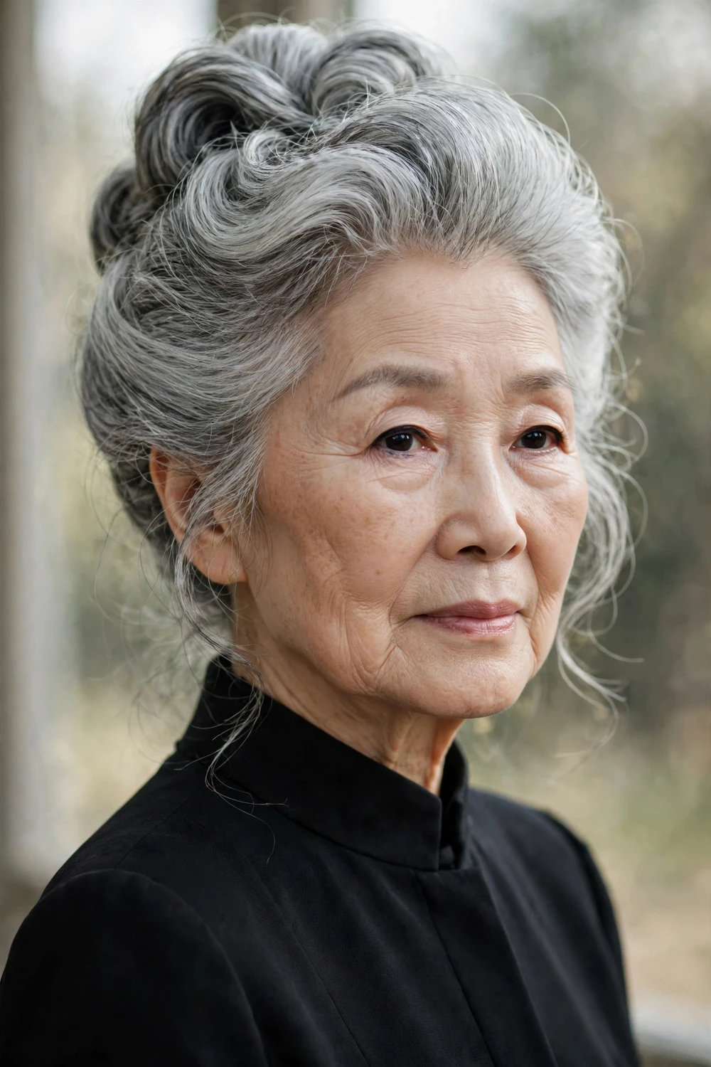Woman in her 60s with classic French twist and voluminous crown, back view