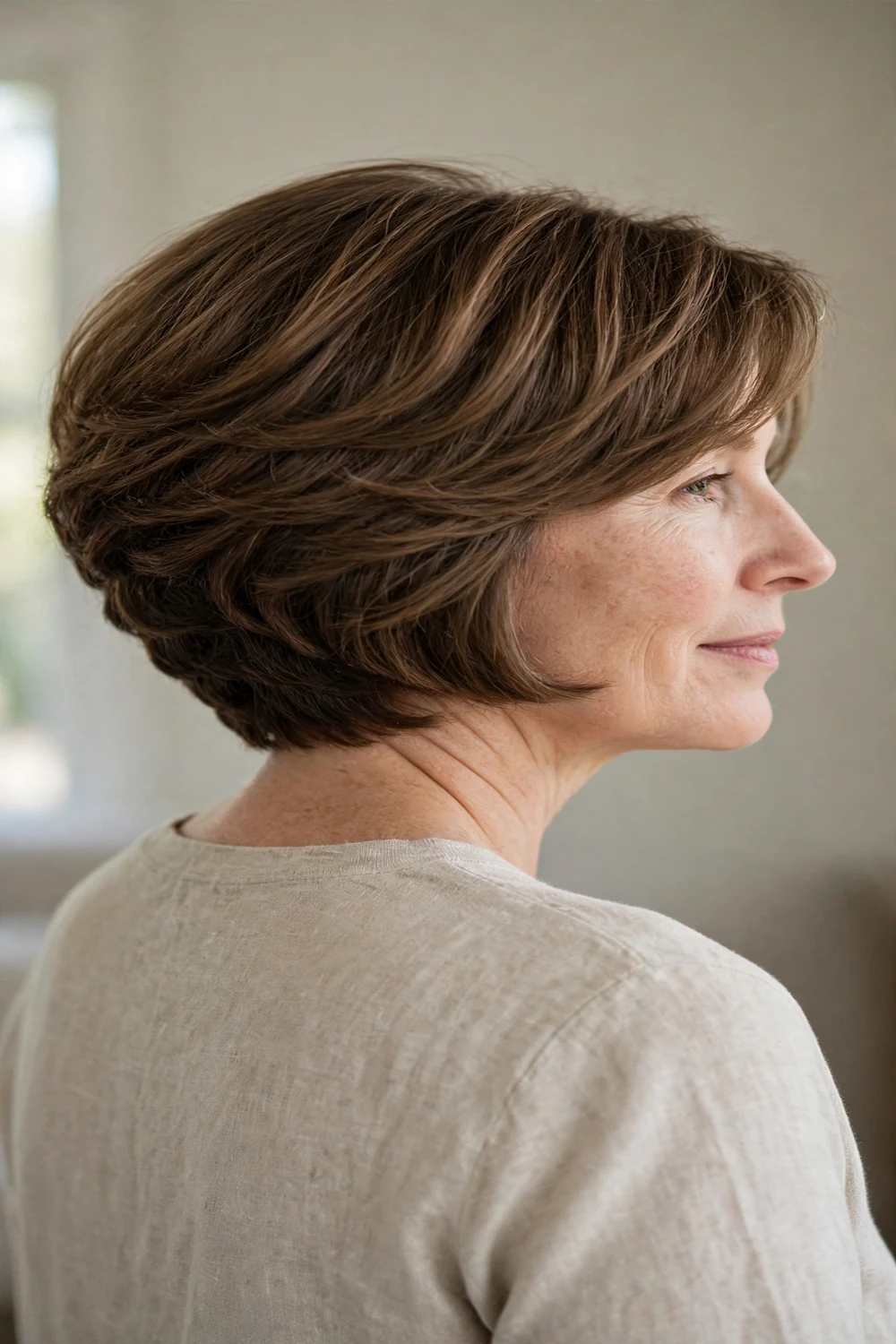 Classic graduated stacked bob with shorter layers at the back