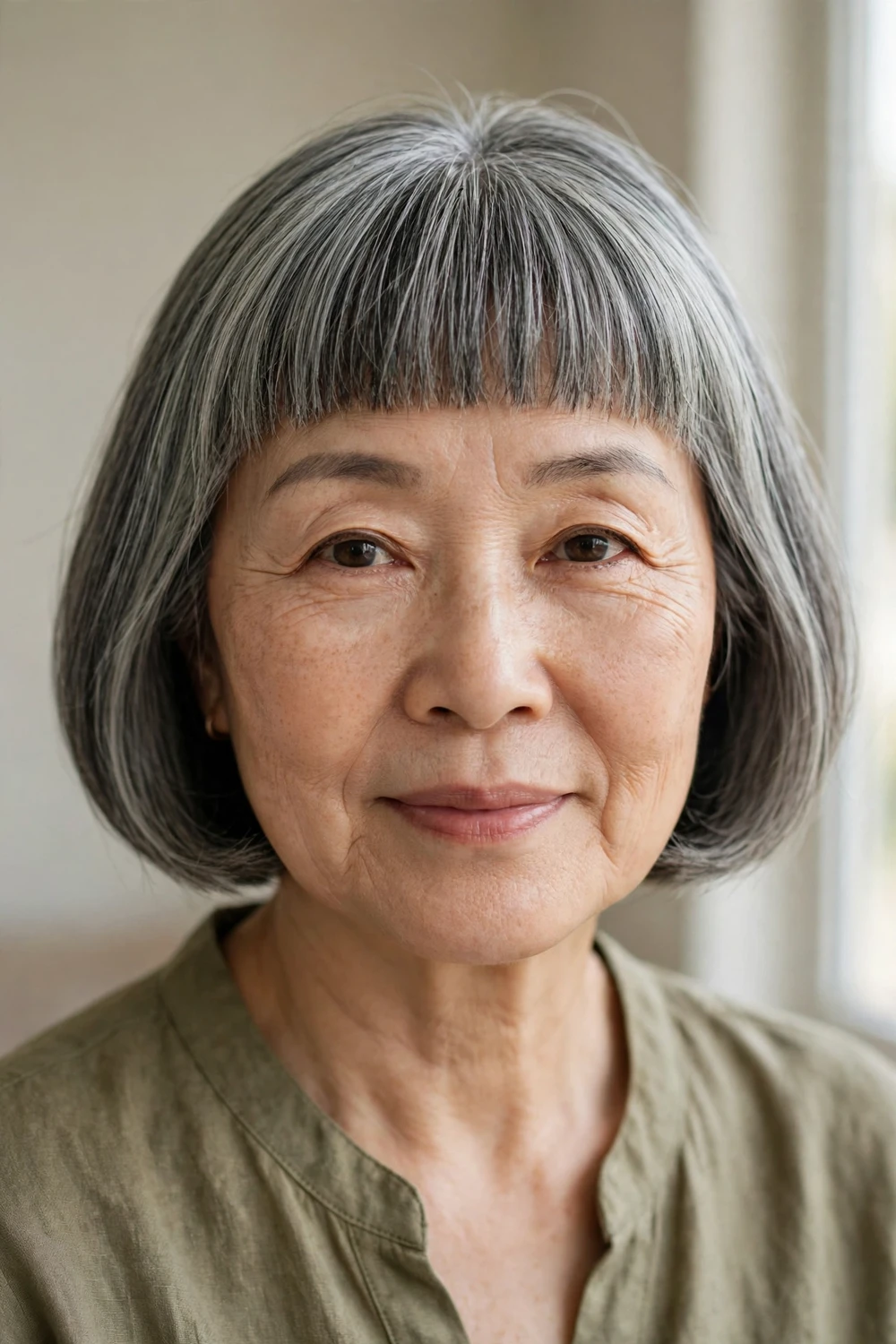 Classic gray bob haircut with straight bangs