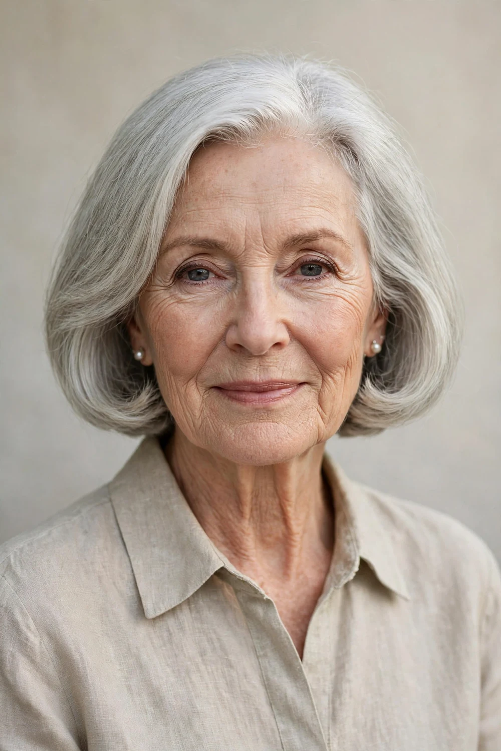 Elegant white woman in her 70s with a classic chin-length silver bob with soft rounded ends