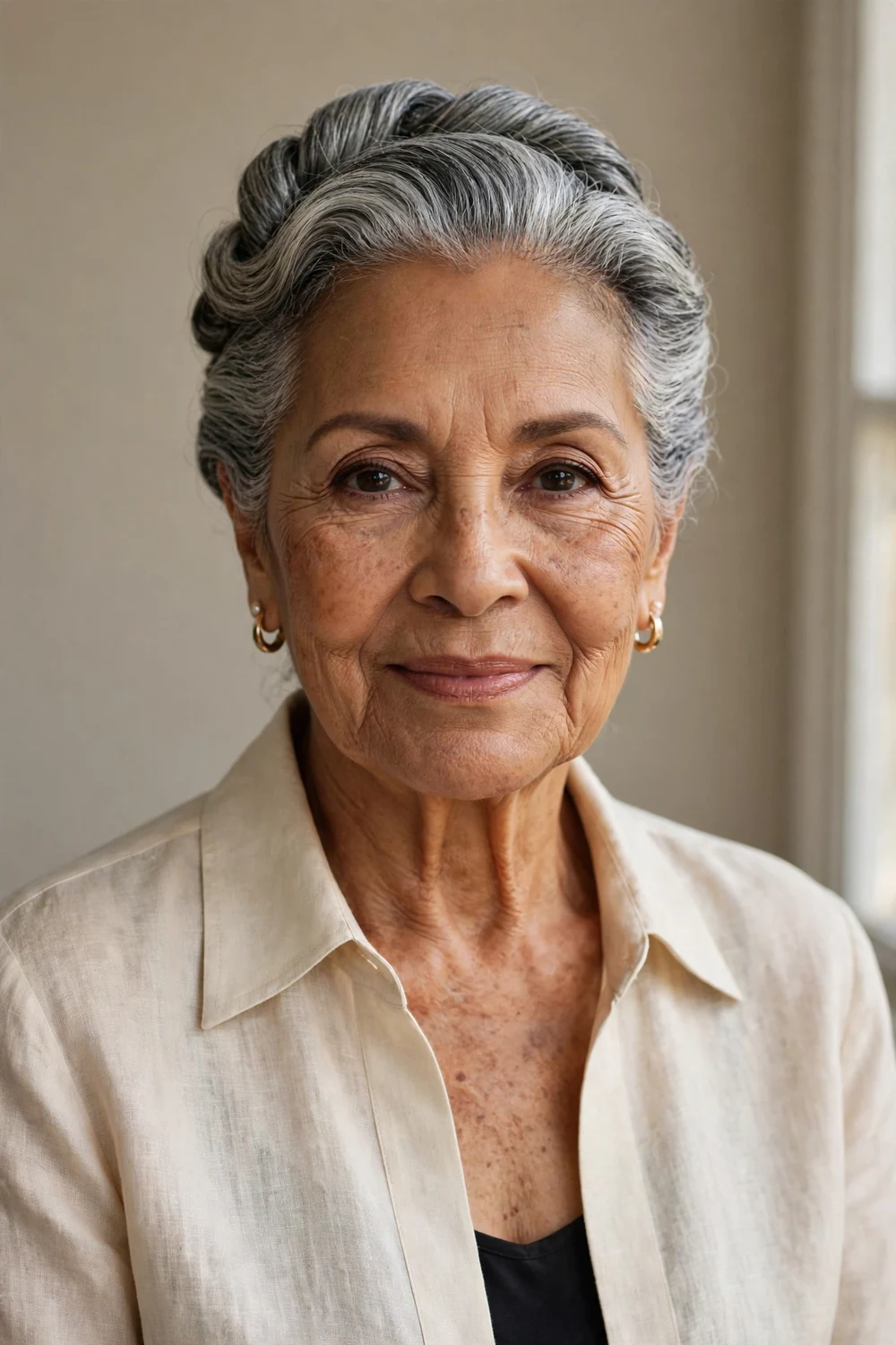 Elegant Latina woman in her 70s with a classic French twist updo, gray hair neatly pinned