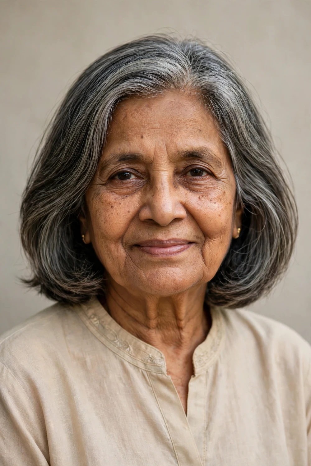 Older South Asian woman in her 70s with a classic shoulder-grazing long bob with soft layers