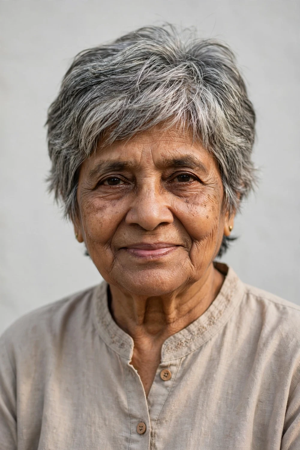 Older South Asian woman in her 70s with a classic short shag with textured layers