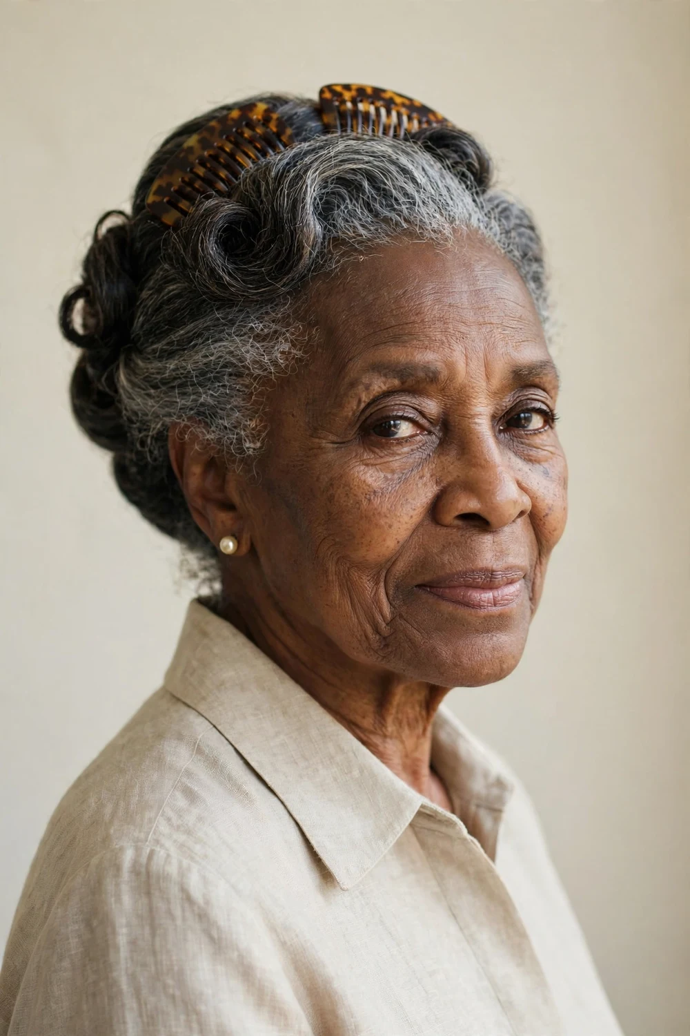 Black woman in her 70s with a classic updo secured with decorative tortoise hair combs