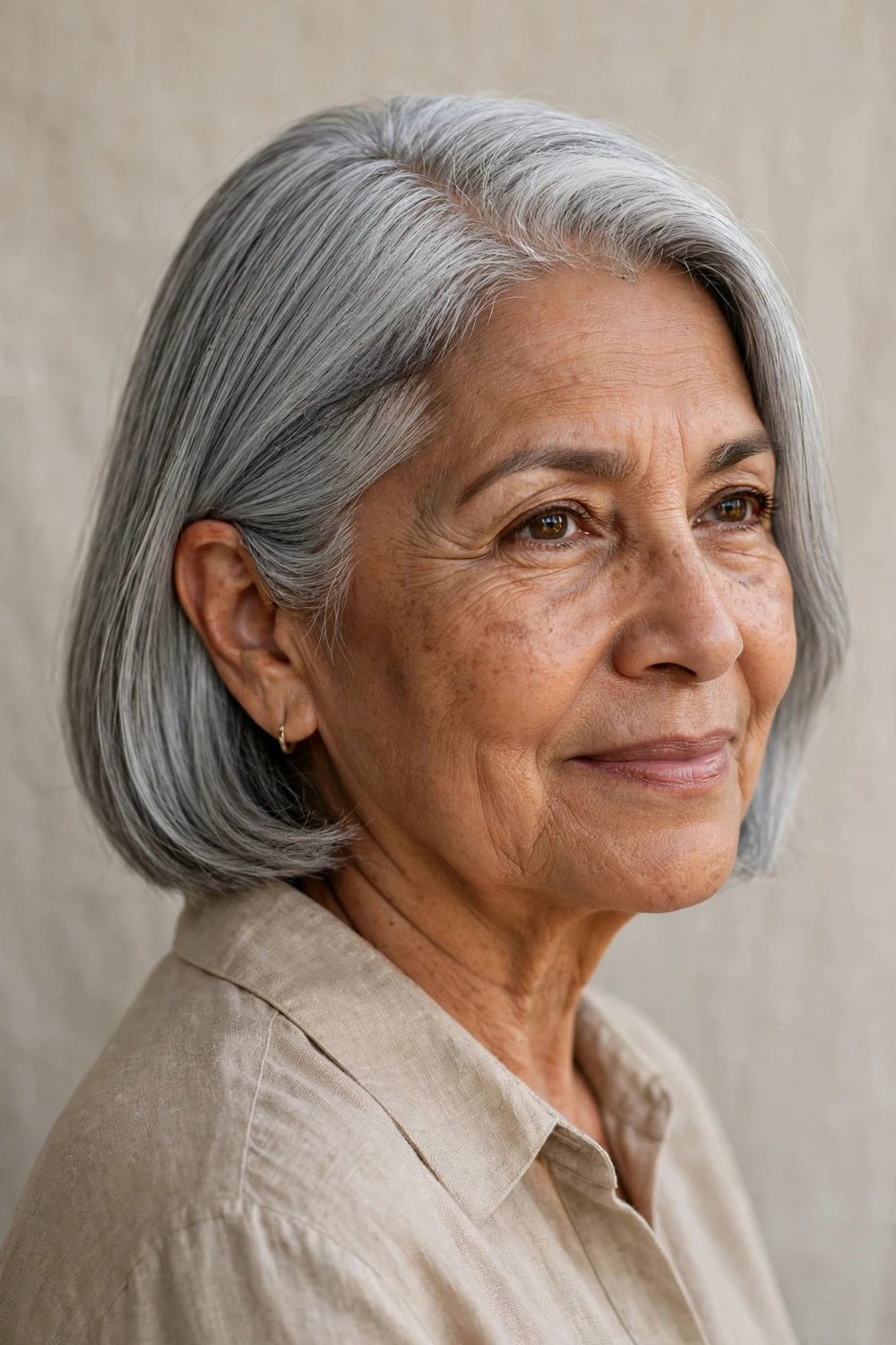 Latina woman in her 70s with chin-length silver hair in a deep side part tucked behind one ear