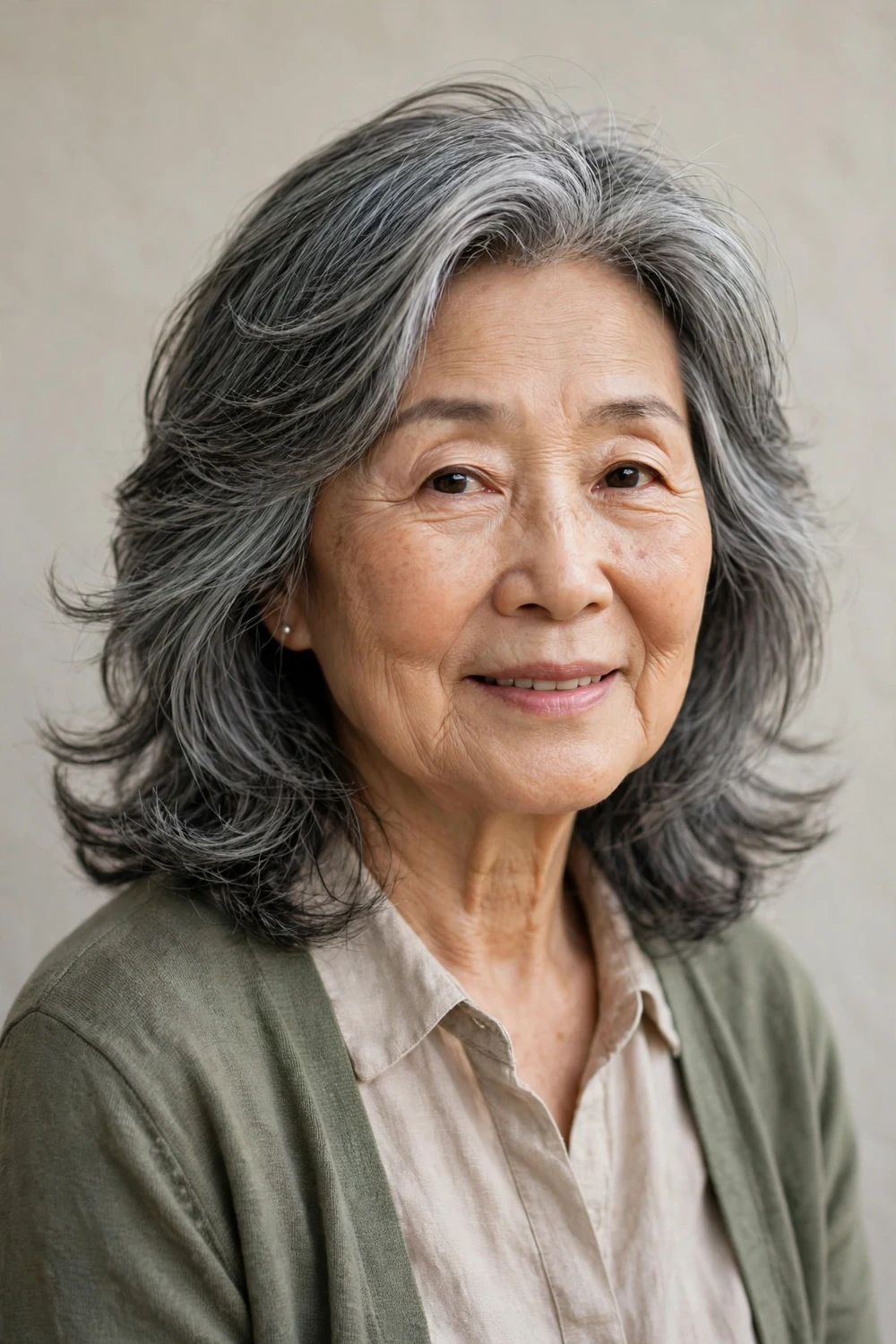 East Asian woman in her 70s with feathered mid-length layers and soft movement