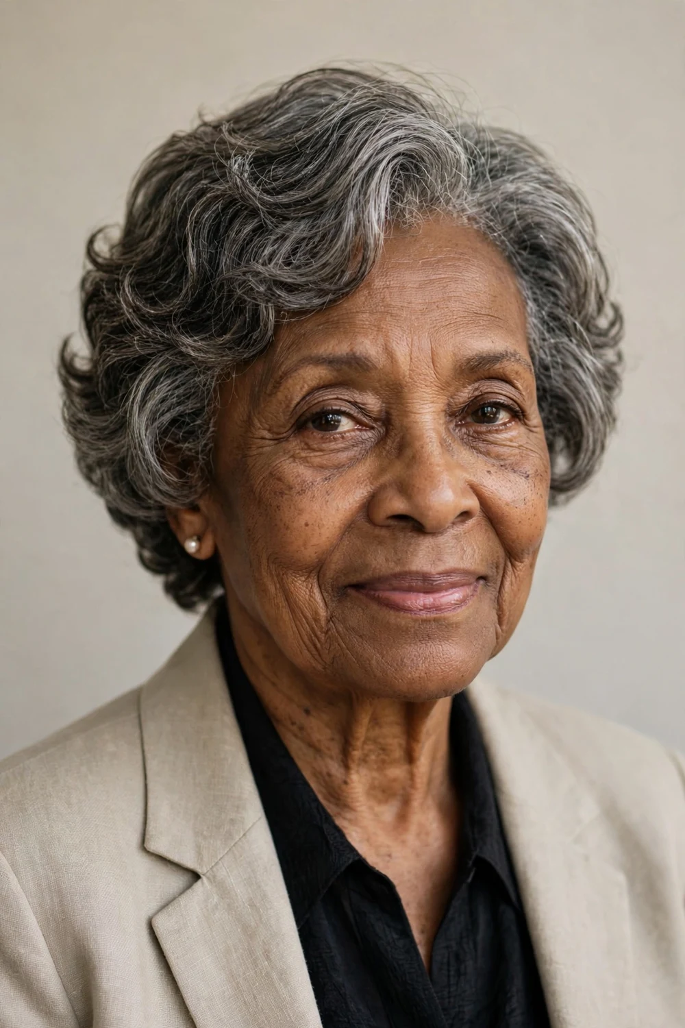 Black woman in her late 70s with gentle perm waves in a short layered cut