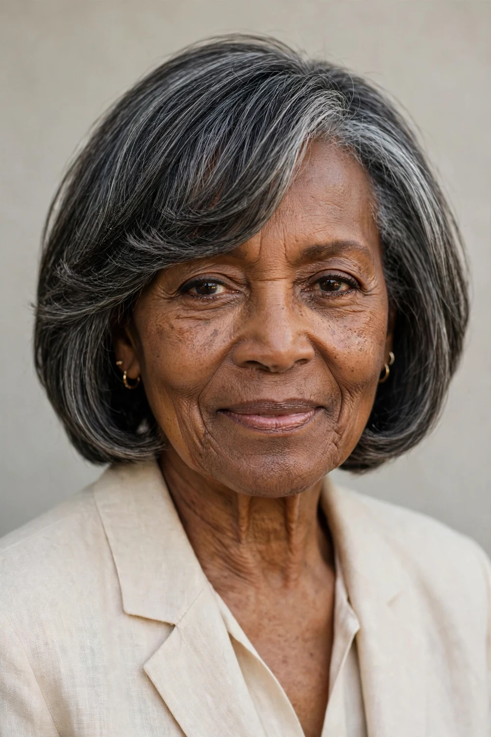Black woman in her 70s with a layered bob and soft side-swept bangs