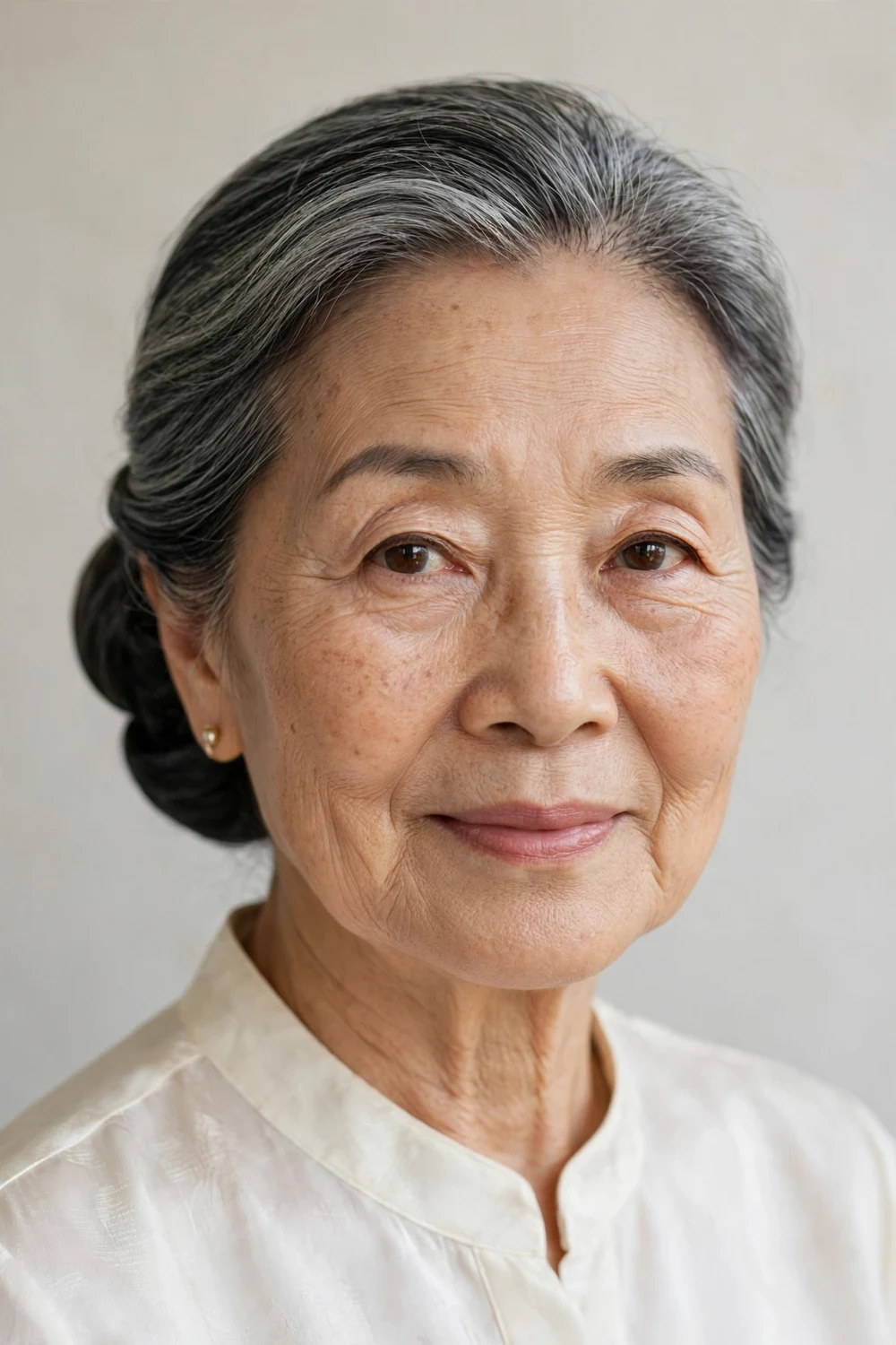 East Asian woman in her 70s with a neat low chignon bun at the nape