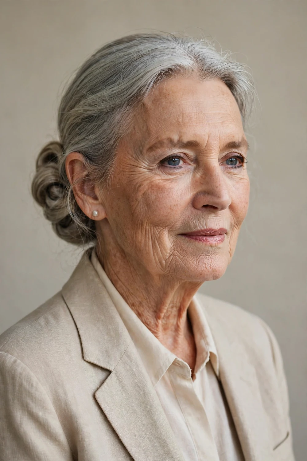 White woman in her 70s with an elegant low side bun in silver-gray hair