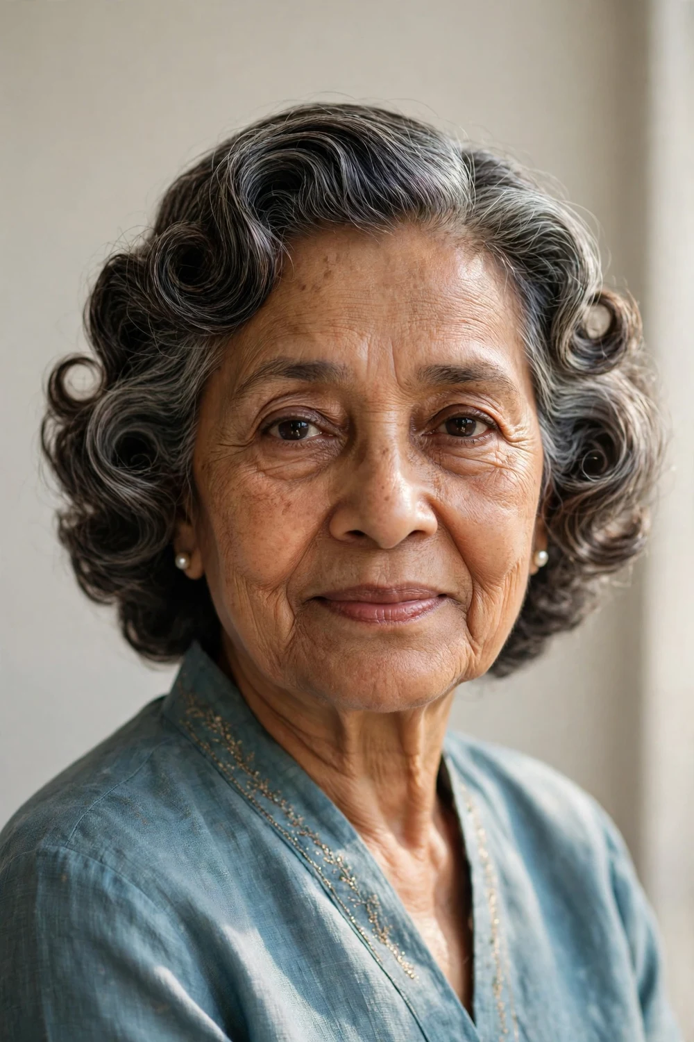 Older South Asian woman in her 70s with vintage pin-curl waves, elegant gray-streaked hair