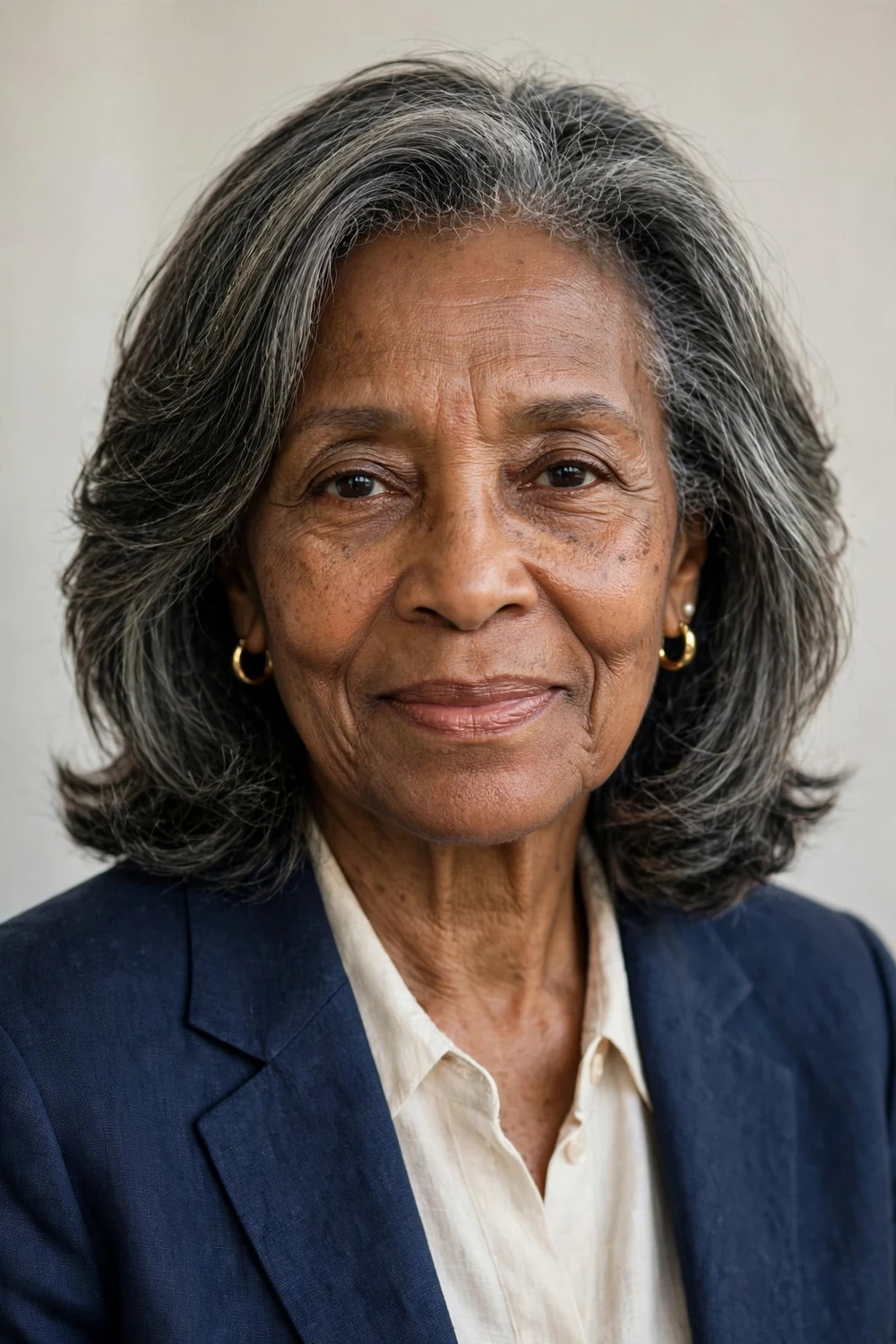 Black woman in her 70s with salt-and-pepper shoulder-length layered hair