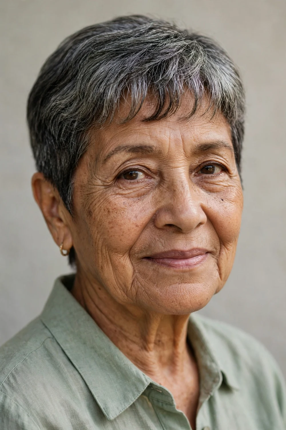 Latina woman in her 70s with a short crop and soft feathered fringe