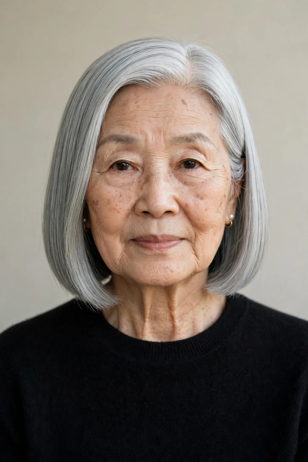 East Asian woman in her 70s with a sleek straight silver bob with precise ends